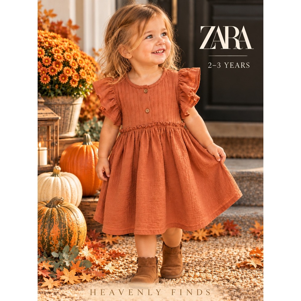 Zara Girls 2-3 Years Terracotta Cute Boho Ruffle Dress Rust Pumpkin Fall Autumn